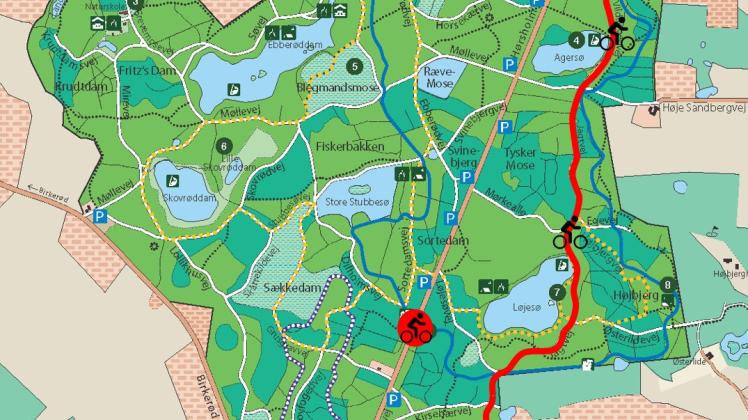 Kort over hvor cyklister kan krydse Hørsholm Kongevej