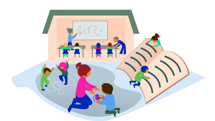 Tegning af børn der leger i skolen