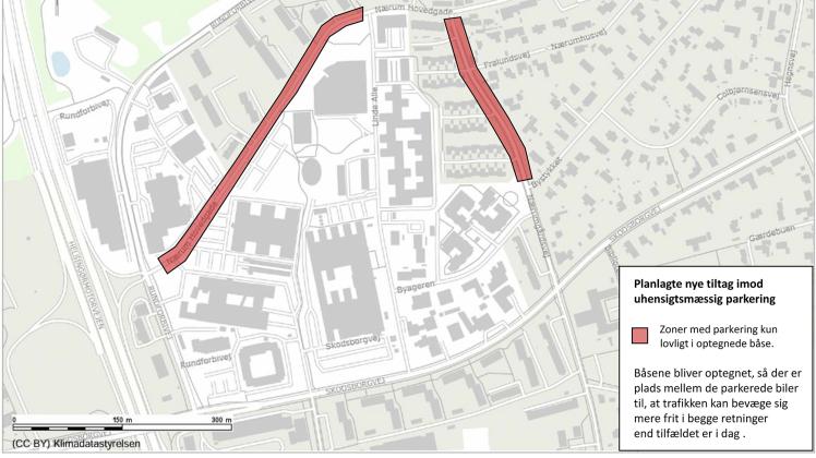 Kortet viser, hvor Rudersdal Kommune vil etablere p-zoner i Nærum