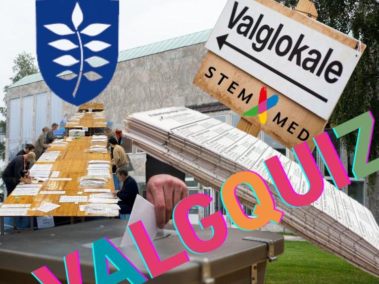 Billedcollage til valgquiz viser stemmesedler, stemmeurne, stemmetællere og skilt til valgsted.