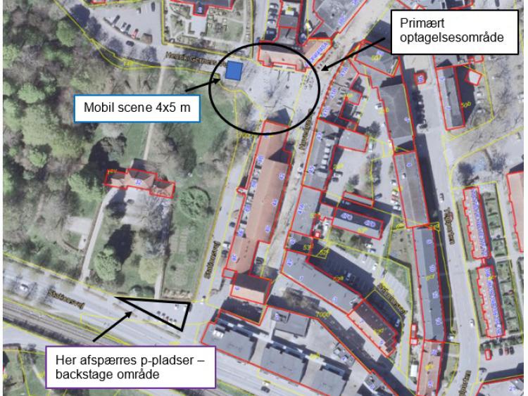 Kort over påvirkede områder i Birkerød ifm optagelserne
