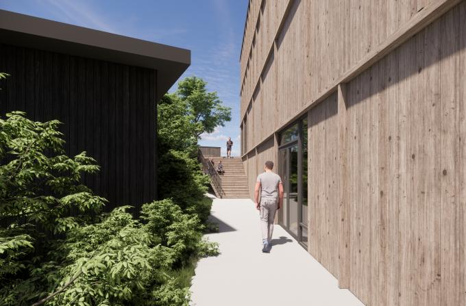 Rendering af ny hal ved Rudegaard Idrætsanlæg